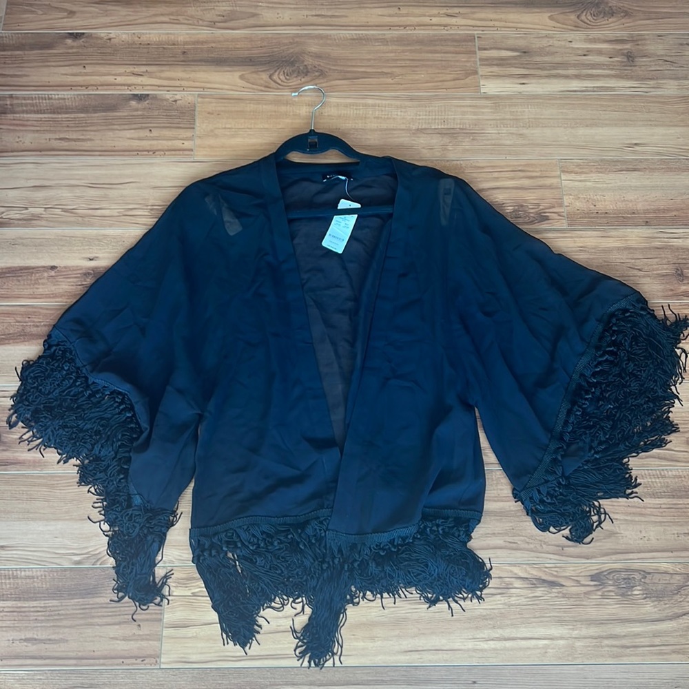 Brand New Beautiful Bebe Black Sheer Fringe Kimono - size Small
